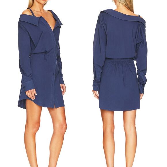 Monrow Navy Stretch Poplin Cotton Blend Button Up Long Sleeve Mini Shirt Dress - Picture 2 of 14